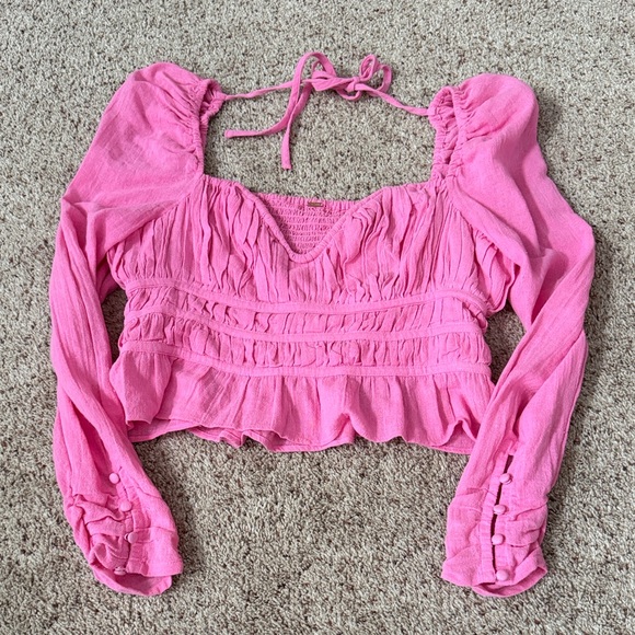 Free People Vibrant Pink Long Sleeve Crop Top - Picture 4 of 9
